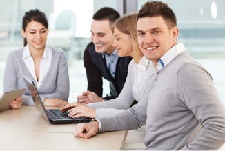 Group of young businessman on meeting smiling